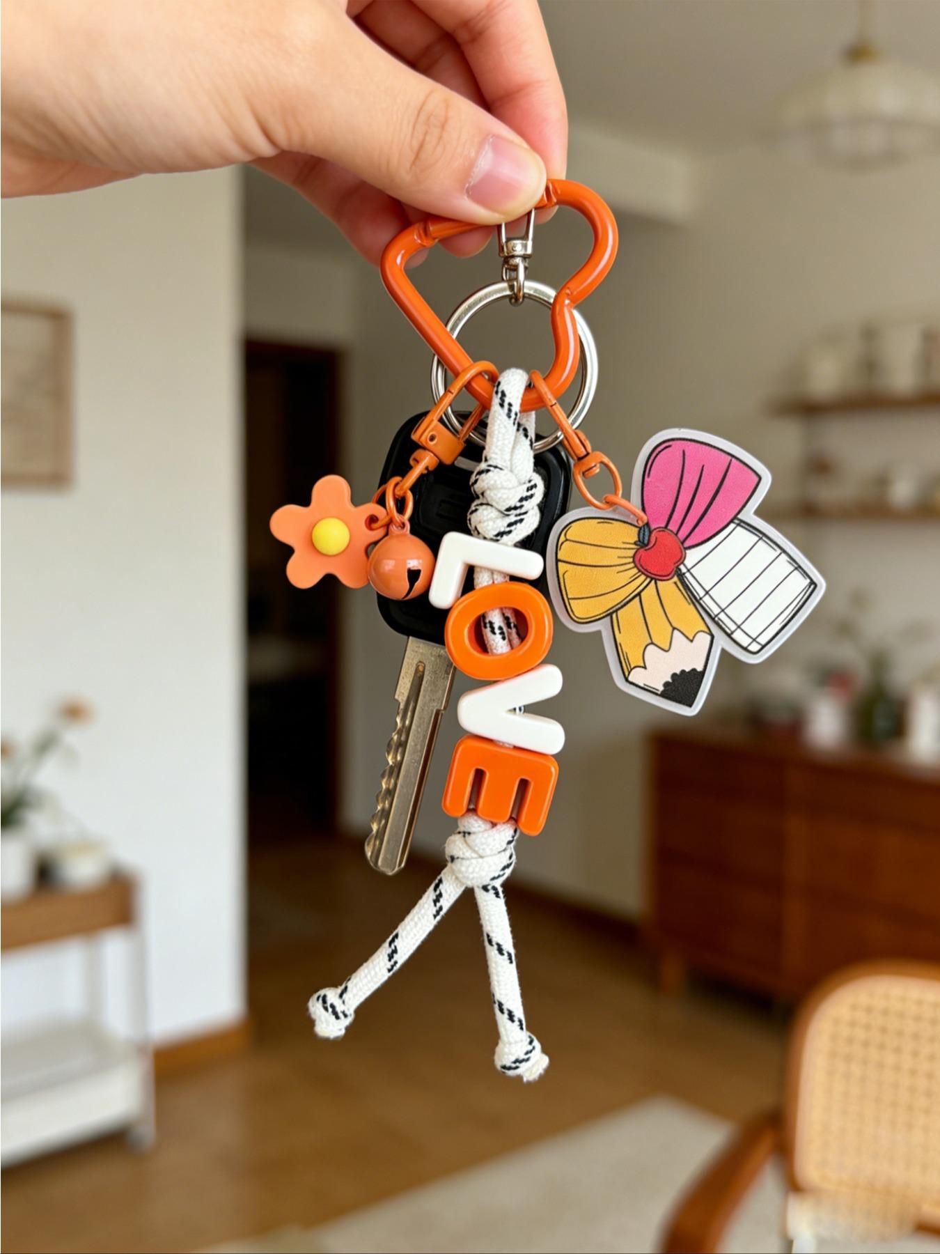 1pc Love Bow Bell Keychain, Acrylic Colorful Letter Keyring, Personalized Name Gift for Birthday Christmas Valentine's Day