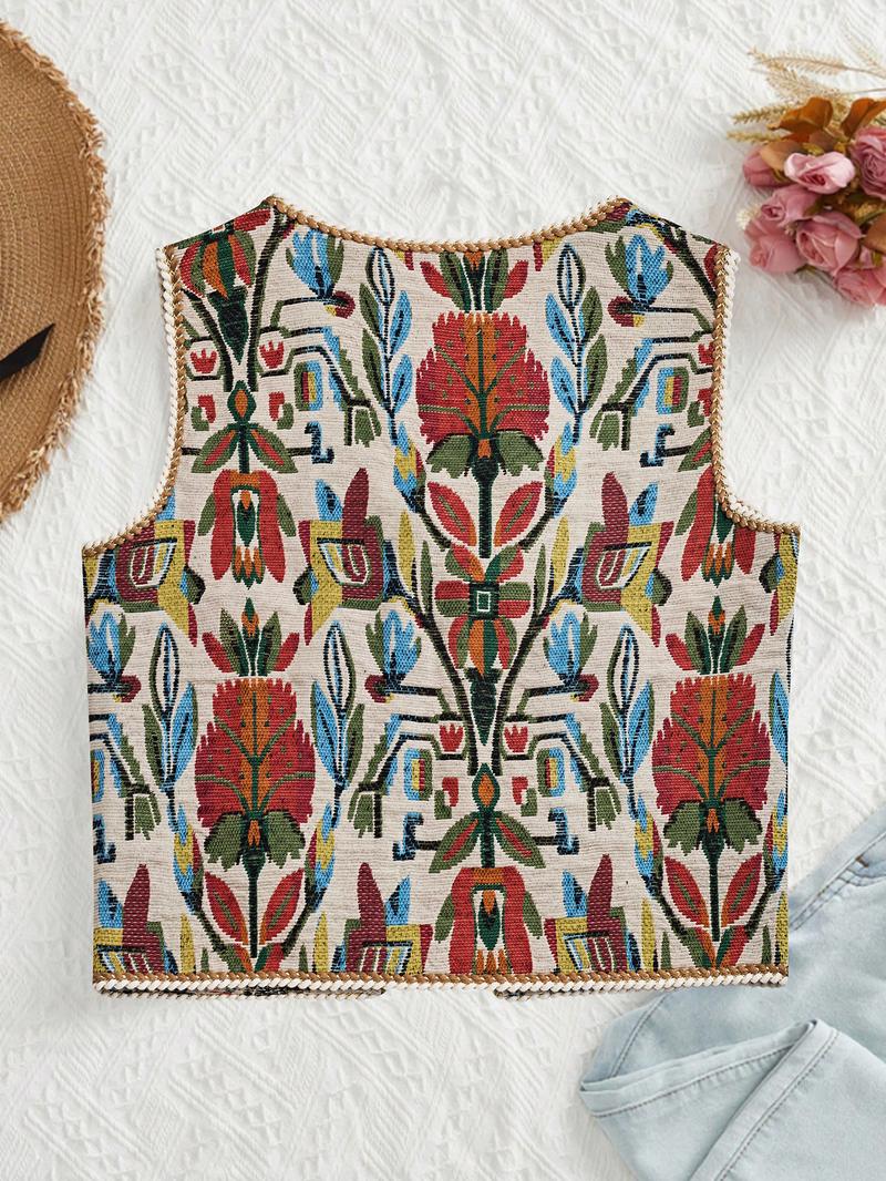 Women's Floral Pattern Tie Front V Neck Vest, Boho Sleeveless Outerwear for Beach Vacation Holiday, Ladies Clothes for All Seasons