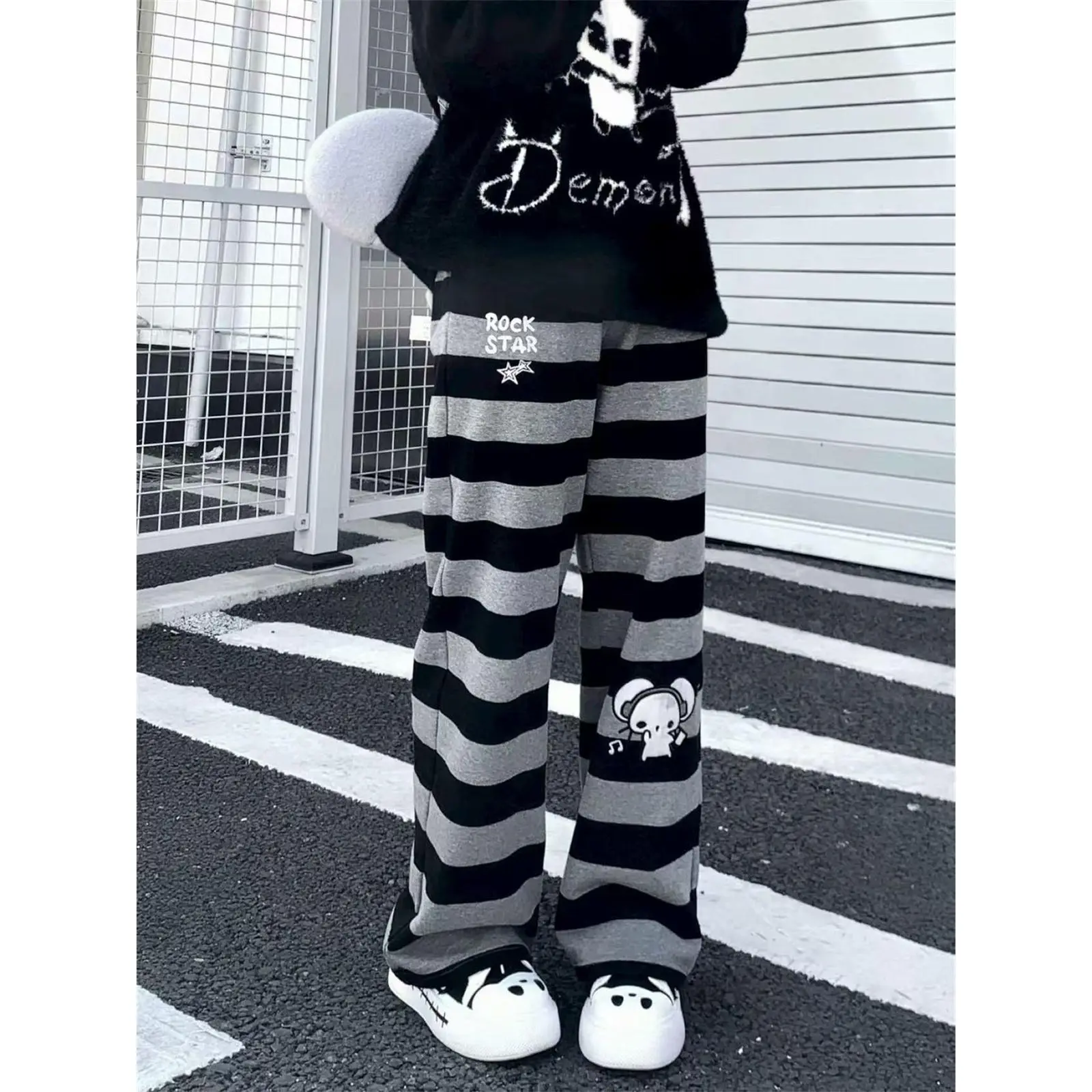 2026 Punk Anime Printed Striped Pants Women Harajuku Y2k Straight Casual Long Trousers 2025 Autumn Vintage Gothic Streetwear