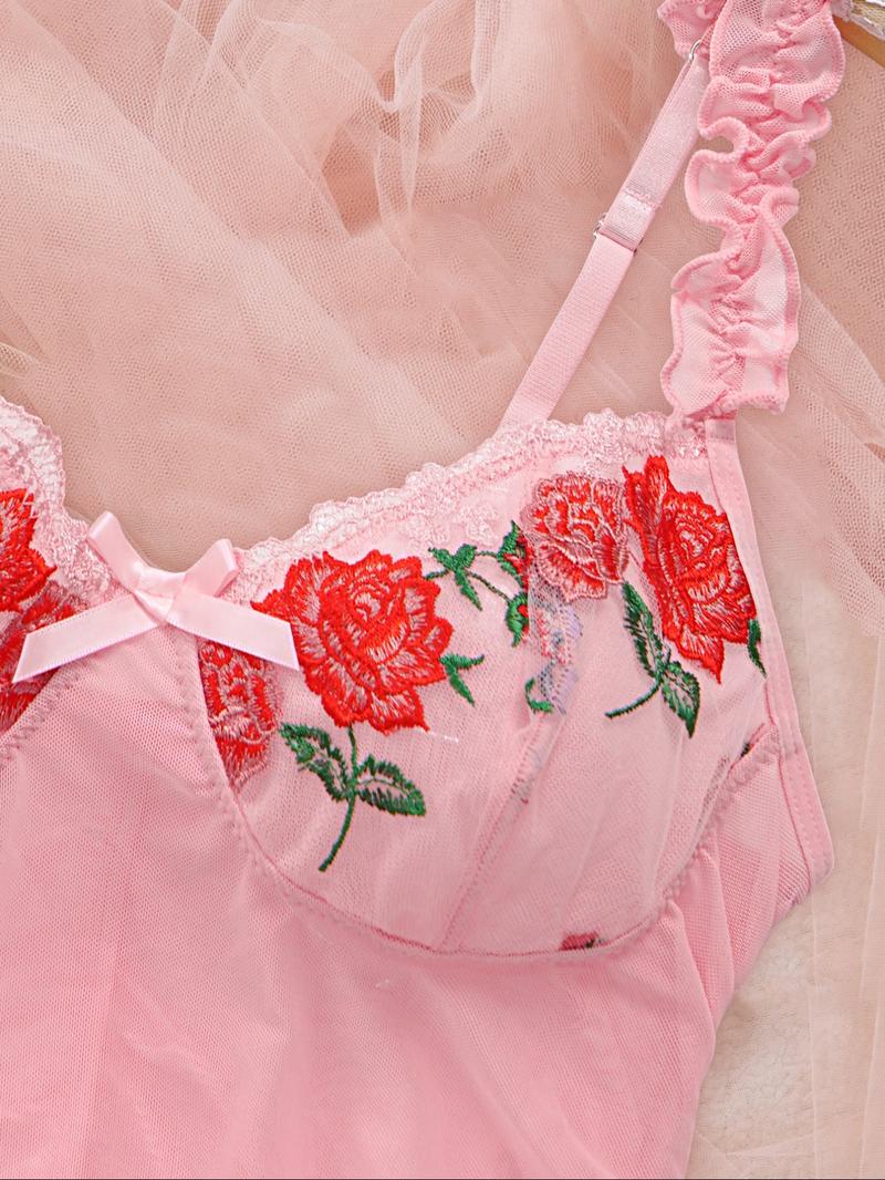 Women's 2-Piece Candy Color Rose Embroidered Sleepwear Set, Soft Comfortable High Stretch Home Strapless Nightgown, Elegant All-Season Pajamas