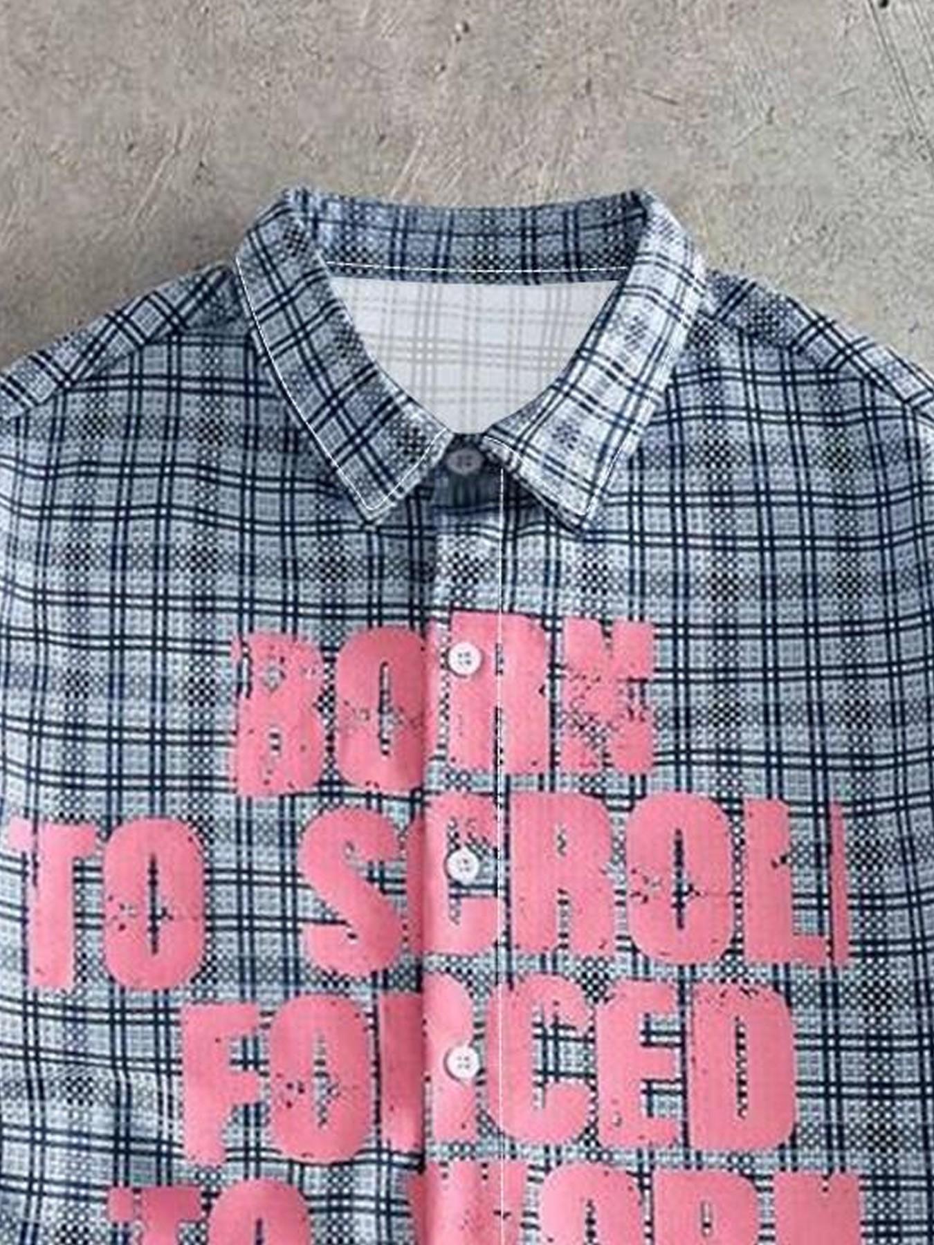 Blue Plaid Short Sleeve Shirt, Slogan Letter Print, Loose-Fit Y2K Street Style, Summer Casual for Daily Wear