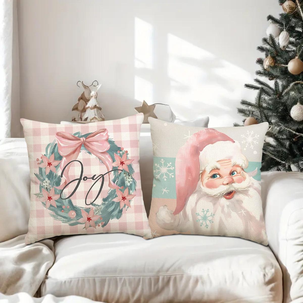 4pcs Christmas Pillow Cover, Santa Claus, Christmas Tree Snowman Pattern Single sided Printed Cushion Cover, Suitable for Christmas Bedroom, Living Room, Sofa, Farmhouse, Bed, Car Decoration Cushion Pillow Cover (No Pillow Core)