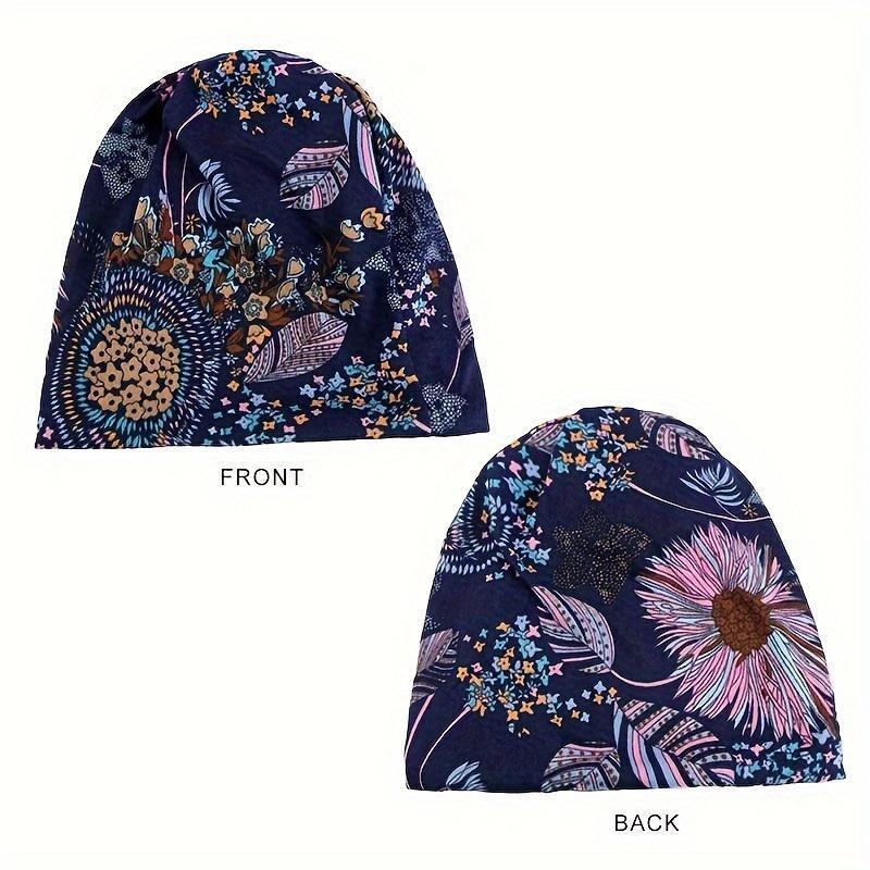 Women's 4-Piece Decorative Knit Fabric Head Covering Hats Set - Bohemian Floral Printed, Brimless, Elastic, Lightweight Multifunctional Fall Winter Warm Headscarf Neck Cover for Chemotherapy Patients