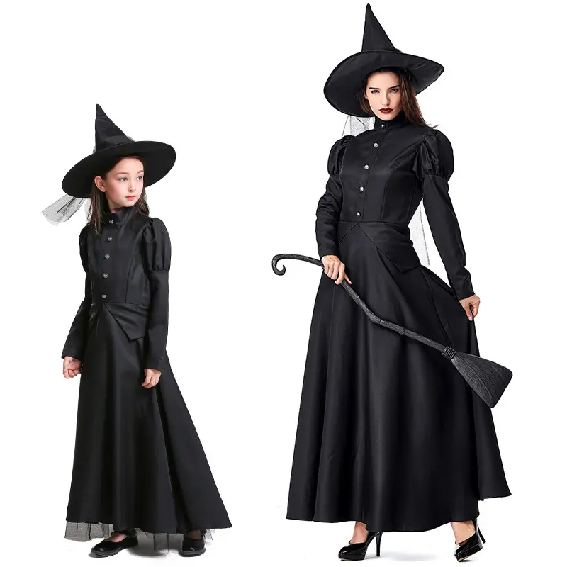 Halloween Classic Witch Costume Long Sleeve Maxi Gown with Witch Hat Family Matching Cosplay Outfit