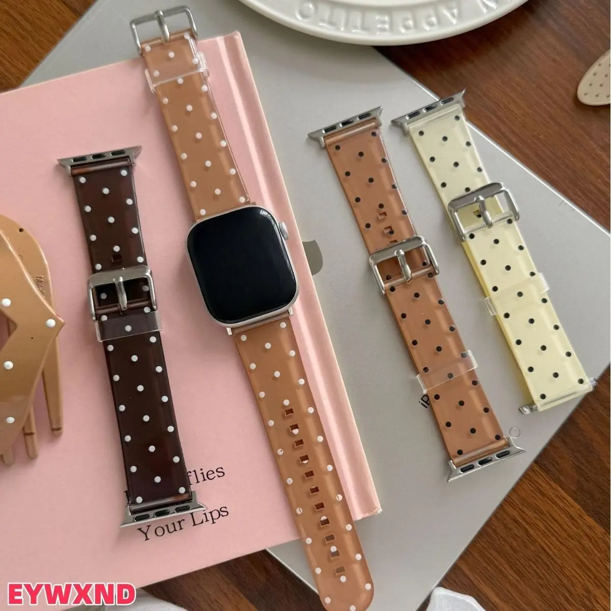 EYWXND Caramel-Colored Polka-Dot and Star Pattern Apple Watch Band—a soft, lightweight replacement strap compatible with 38–49mm sizes (fitting Series 1–11, SE, and Ultra); a stylish, unisex accessory for everyday wear.