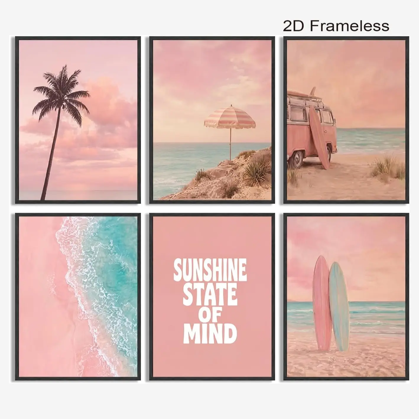 6-piece set of pink beach-themed canvas wall art featuring a painting of a granddaughter surfing on the beach with palm trees; wall decor; summery pink beach poster art perfect for girls' dorm rooms, living rooms, and home decor; unframed