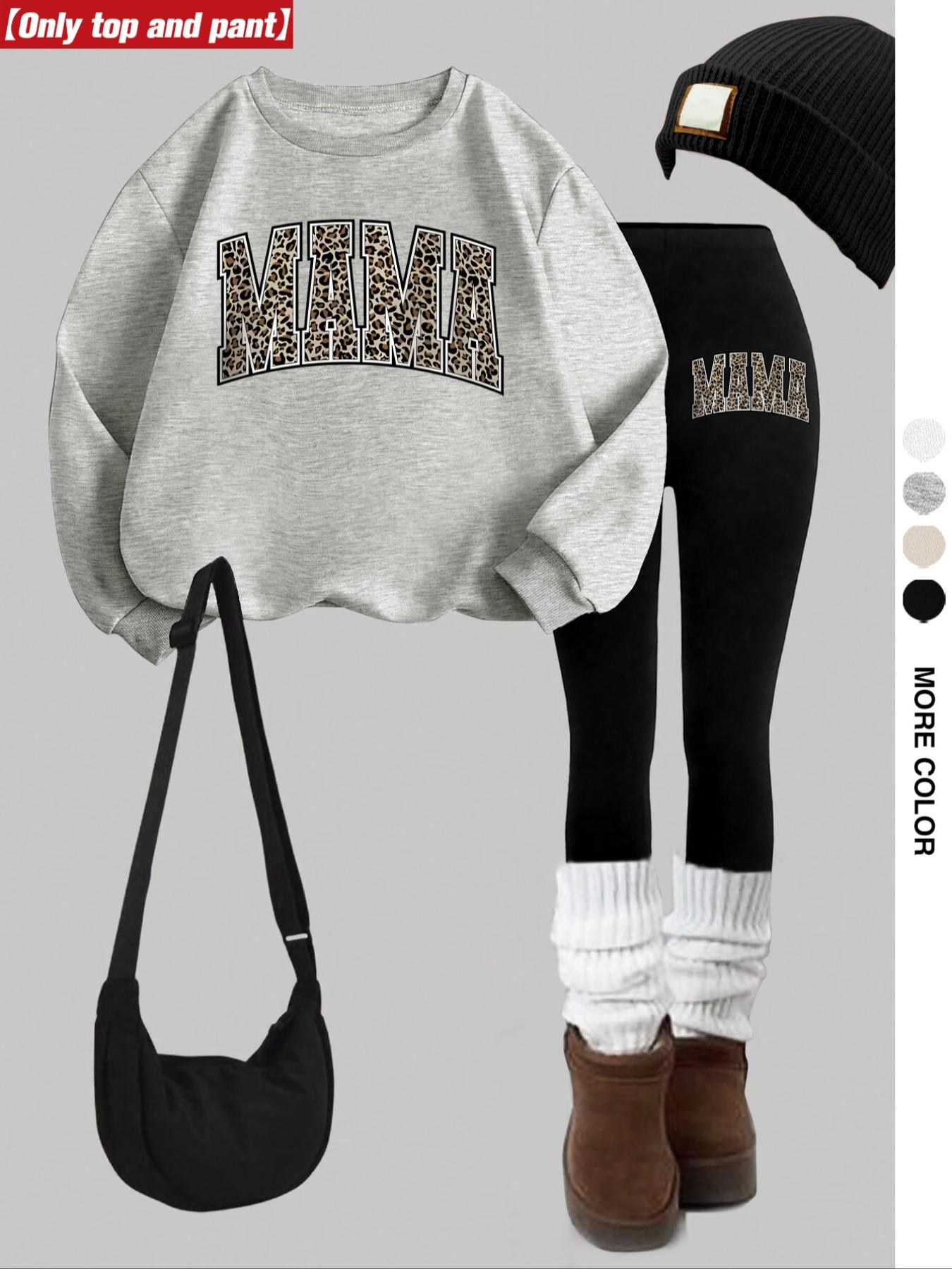 Women's 2-Piece Sweatshirt Set, Mama Letter Print, Round Neck Long Sleeve, Fitted Bottoms, Casual Fall & Winter, Womenswear