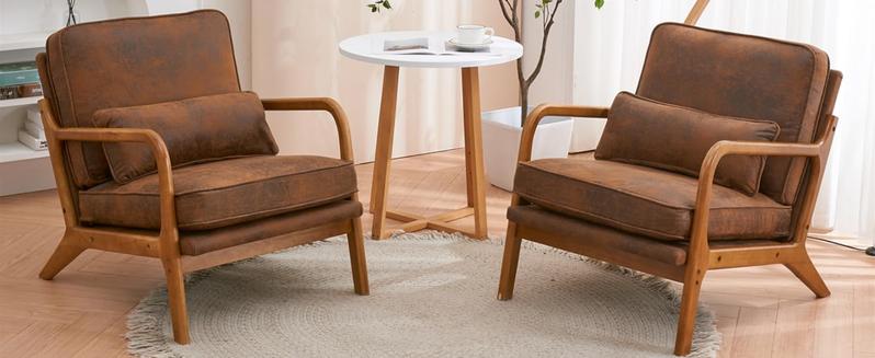 【Back to School】Karl home Accent Chair Mid-Century Modern Chair with Pillow Bronzing Cloth Lounge Arm Chair with Solid Wood Frame & Soft Cushion for Living Room, Bedroom, Belcony, Brown