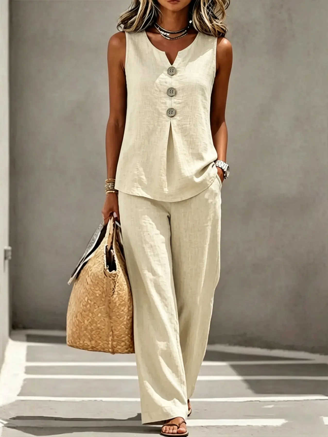 Women's V-Neck Sleeveless Tank Top and Long Pants 2-Piece Set, Button Detail Casual Summer Outfit, Comfortable Minimalist Matching Set for Vacation & Daily Wear