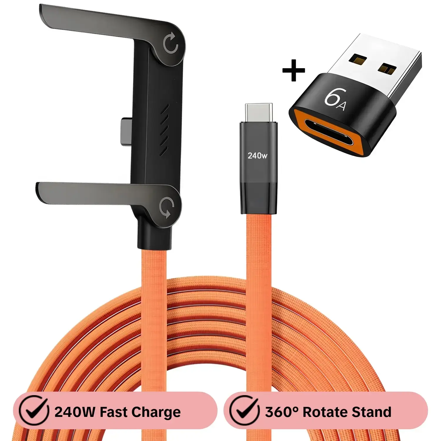 240w Super Fast Charging Data Cable, Dual-In-One Foldable Phone Stand, Compatible with iPhone 15-17 and Android, USB-C Braided 360° Rotating Charger Line