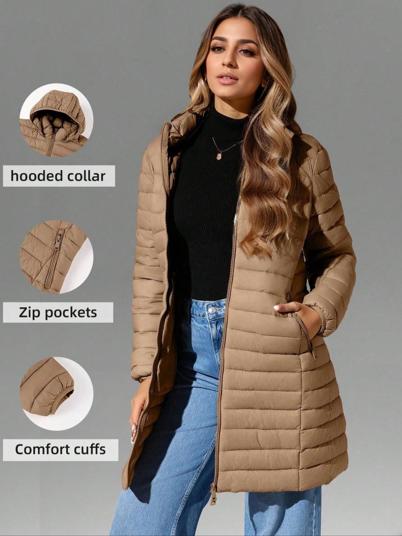 Women's Mid-Length pufferHooded Jacket with Zipper Pockets, Casual Plain Woven Fabric Coat for Fall & Winter Outdoor Commuting