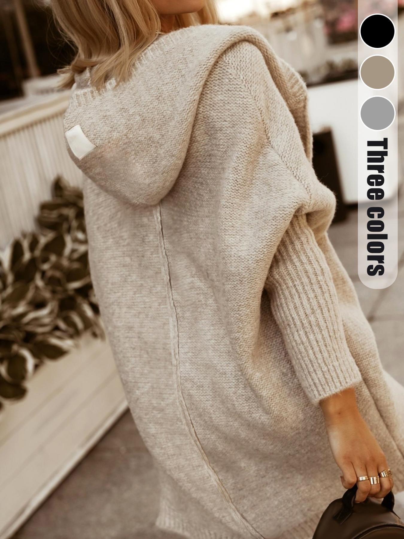 Women's Plain Chunky Open Front Hooded Knitted Cardigan Casual Batwing Sleeve Cardigan Outfits, Women Knitwear for Fall & Winter, Womenswear, Knitted Cardigan Tops