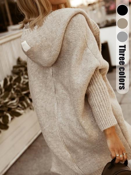 Women's Plain Chunky Open Front Hooded Knitted Cardigan Casual Batwing Sleeve Cardigan Outfits, Women Knitwear for Fall & Winter, Womenswear, Knitted Cardigan Tops, Knitwear Matching Clothes