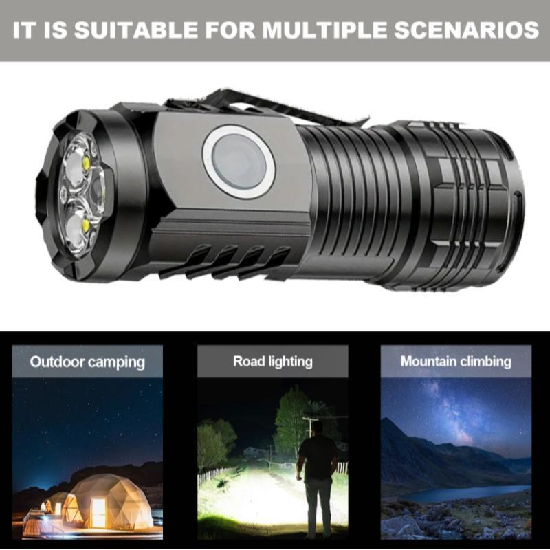 Portable Rechargeable LED Flashlight, Camping Fishing Outdoor Adventure, Mini Pocket Light with Clip, Ultra-Bright Three-Head Design, High Lumens Flashlight