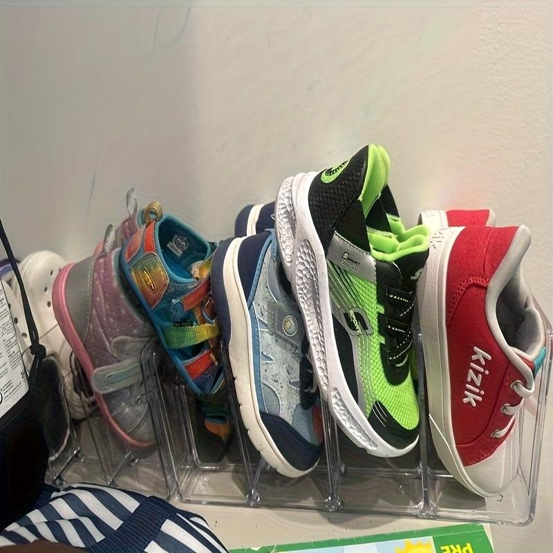 Transparent Acrylic Kids Shoe Rack, Small Closet Organizer, 4-Compartment Baby Shoes Storage, Stackable Shoe Shelf (4-Piece Set)