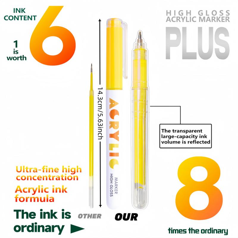 High Gloss Acrylic Paint Markers,1mm Bullet Nib Highlighter Acrylic Paint Pens,Bright Colors,Big Capacity ink,Wide Range of Uses,For Rock Painting, Canvas, Wood, Glass, Ceramic, Fabric, Plastic, Art Supplies, Coloring Book Markers