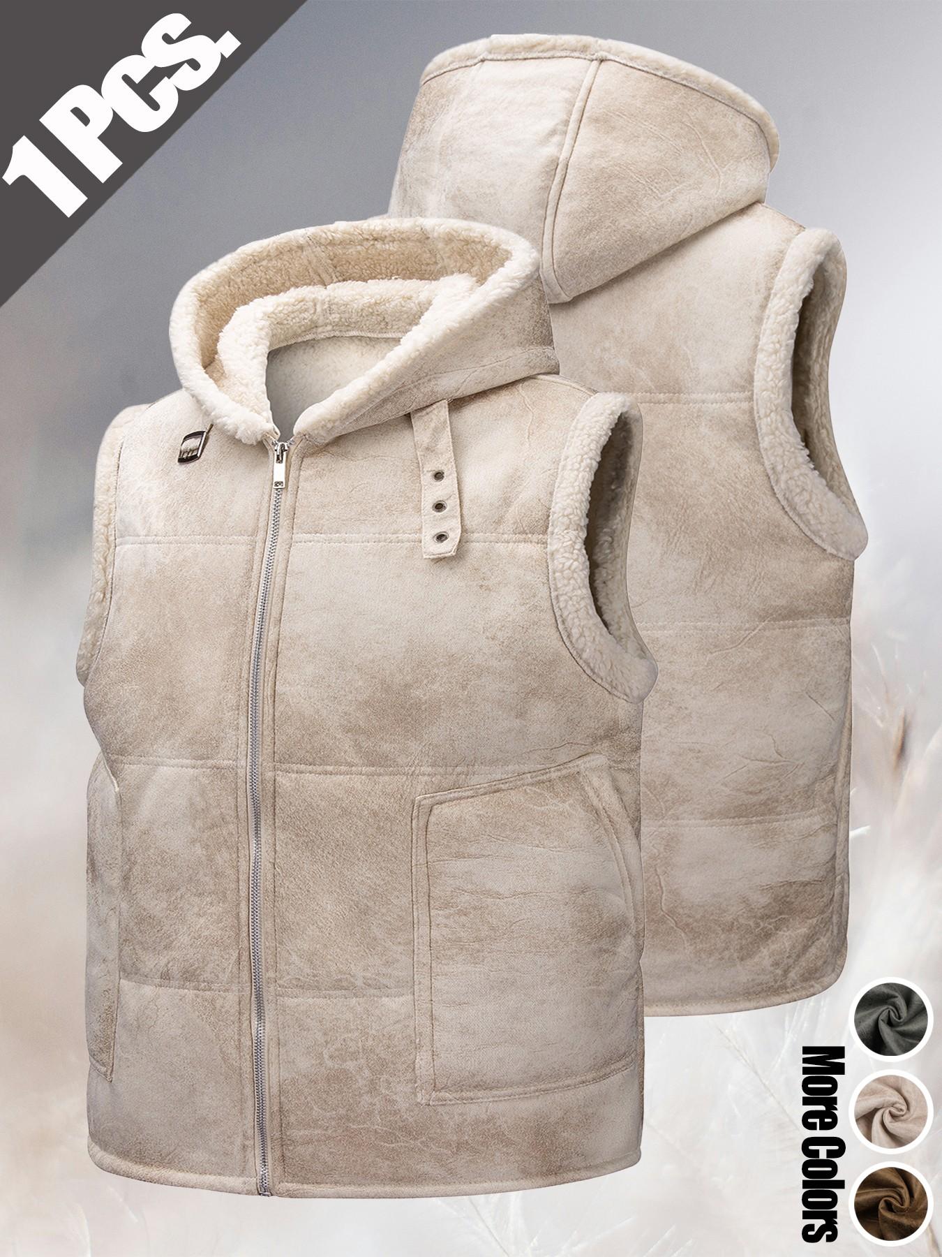 Men's Must-have Trendy Loose Breathable Fleece Lined Warm Faux Fur Integrated Hooded Vest Gilet Windproof Sherpa Outerwear Versatile Casual Sleeveless Jacket for Daily Commute Wild Adventure Hiking Mountain Trekking and Daily Outdoor Casual Outfits