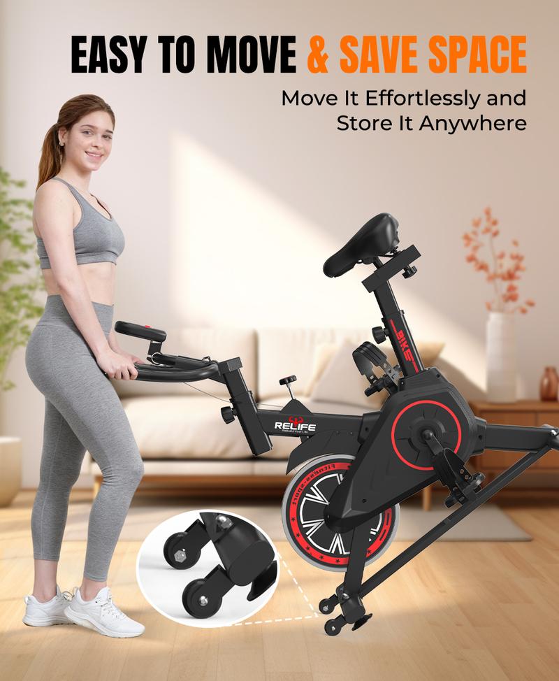 Relife Stationary Exercise Bike Fully Adjustable Indoor Cycling Bike with Comfortable Seat, Silent Belt Drive, LCD Monitor, and 330LBS Capacity for Home Cardio Workouts