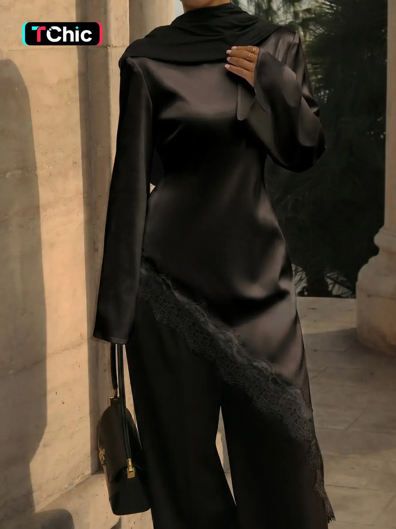 White Satin Asymmetrical Lace Trim Tunic Top Women Long Sleeve Slim Fit Elegant Abaya Style Blouse Modest Casual Party Top Muslim Fashion Modesty