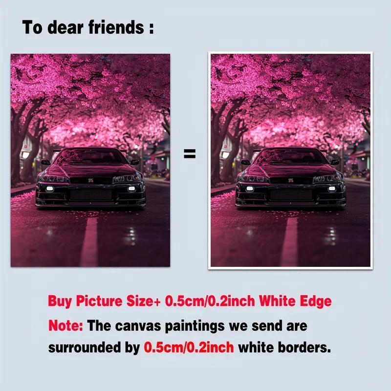 frameless canvas art print posters, Art Work For Wall Decor, realistic vehicle art, classic Japanese sports car R34 Under Cherry Blossoms, perfect gift for JDM vintage car enthusiasts, ideal gift for bedroom, living room,dormitory hallway, wall decoration
