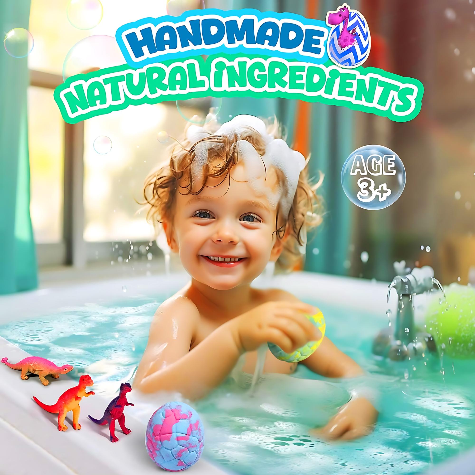 Dinosaur Egg Toy Bath Salt Balls Set, 6-Piece Natural Handmade Multicolor Bath Bombs with Surprise Toys, Gentle Soothing Bubble Bath Fun