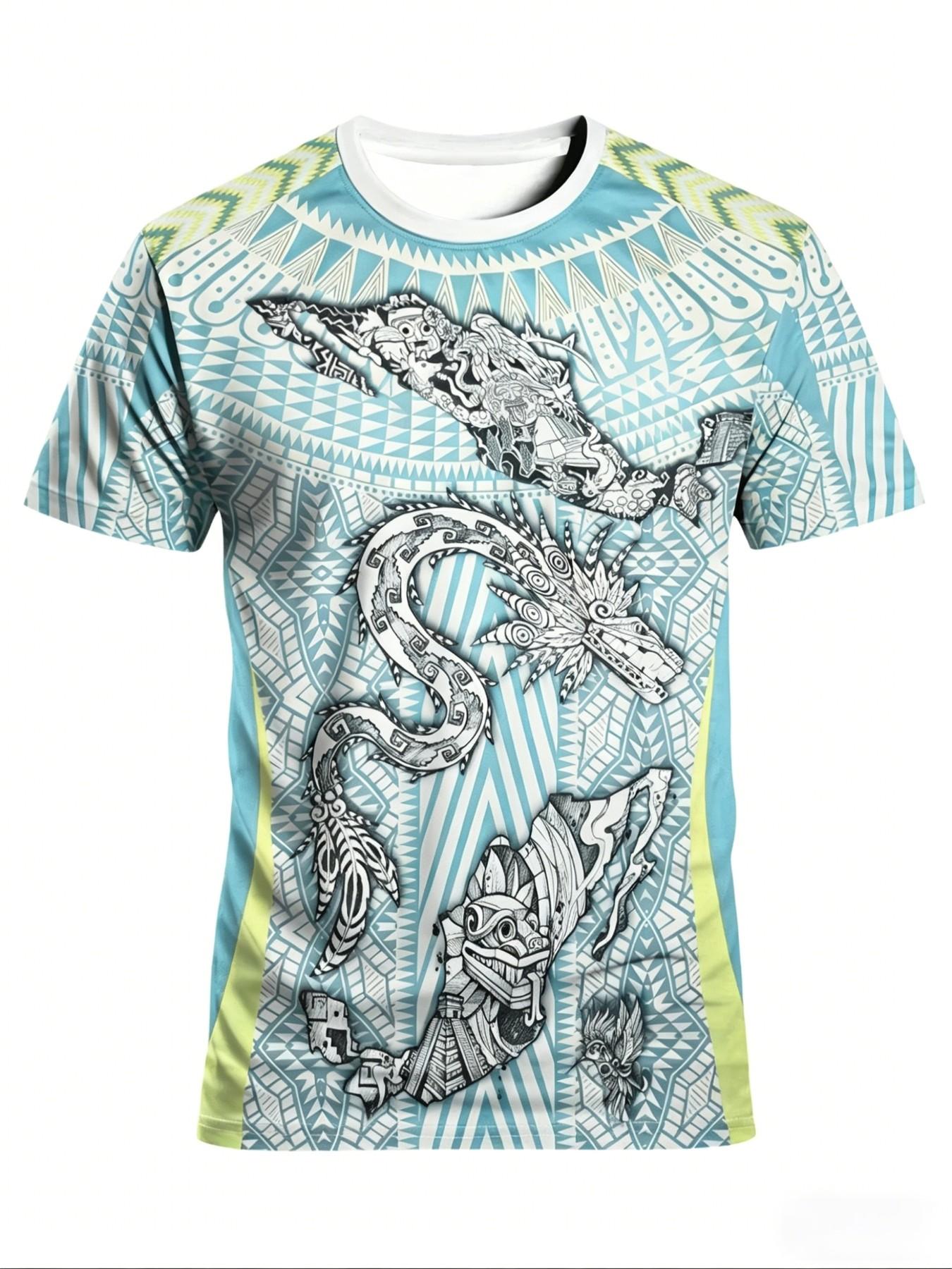 Men's Aztec Quetzalcoatl Mexico Map Sport T-Shirt, Tribal Style Round Neck Short Sleeve Top, Loose-Fitting Geometric Pattern, All Seasons