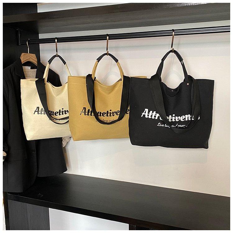 Casual Letter Print Canvas Tote Bag, Large Capacity Commute Shoulder Bag, Lazy Style Handbag, Student School Bag