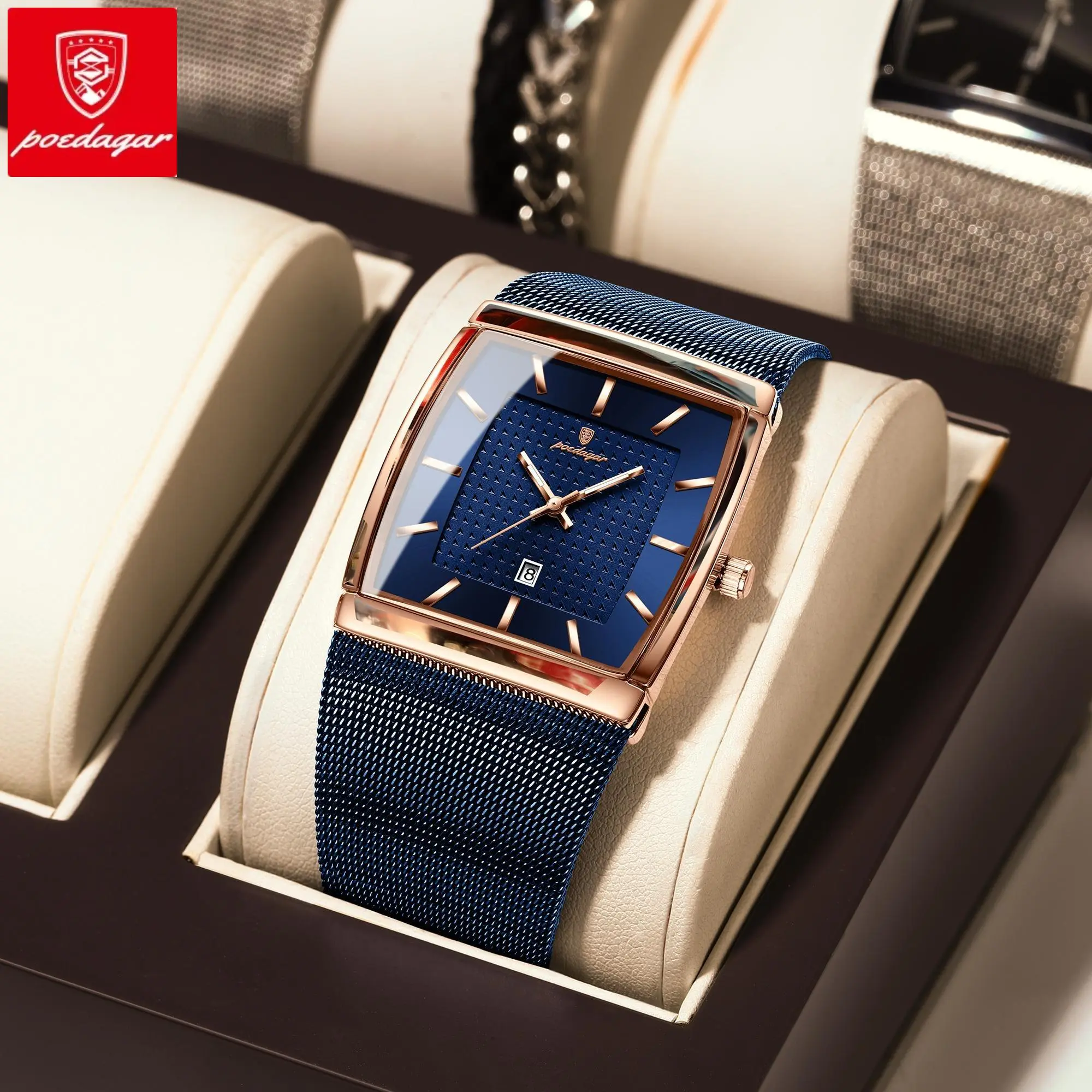 POEDAGAR Original Men's Rectangle Quartz Watch - Waterproof, Luminous Night-Visible Glow, Date Display, Mesh Stainless Steel Strap with Buckle, Casual Male Wear Business Fashion Watch