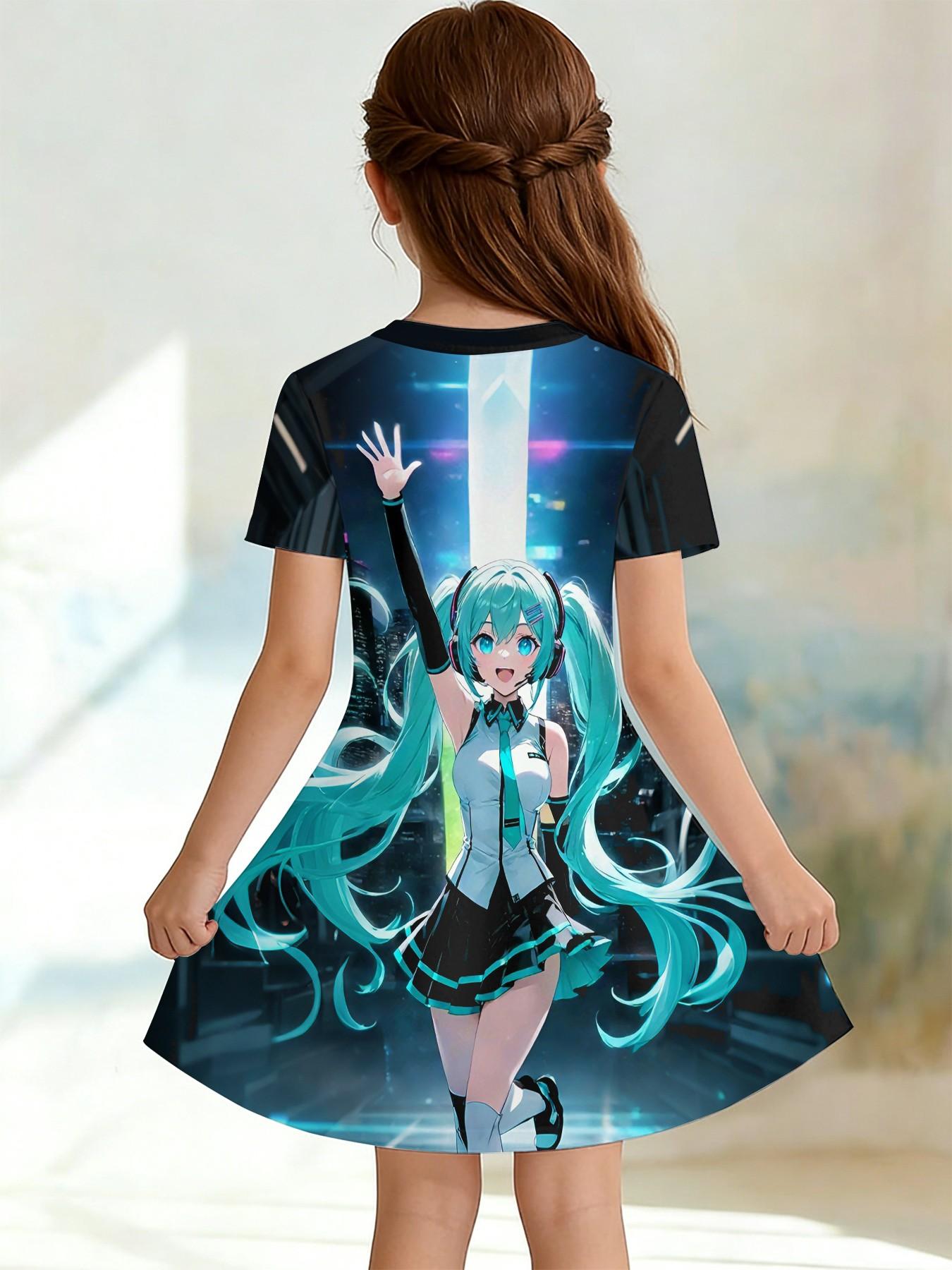 Trendy Girls' Anime Print A-Line Dress, Cute Short Sleeve, Fashionable Outdoor Wear, Perfect Birthday & Holiday Gift