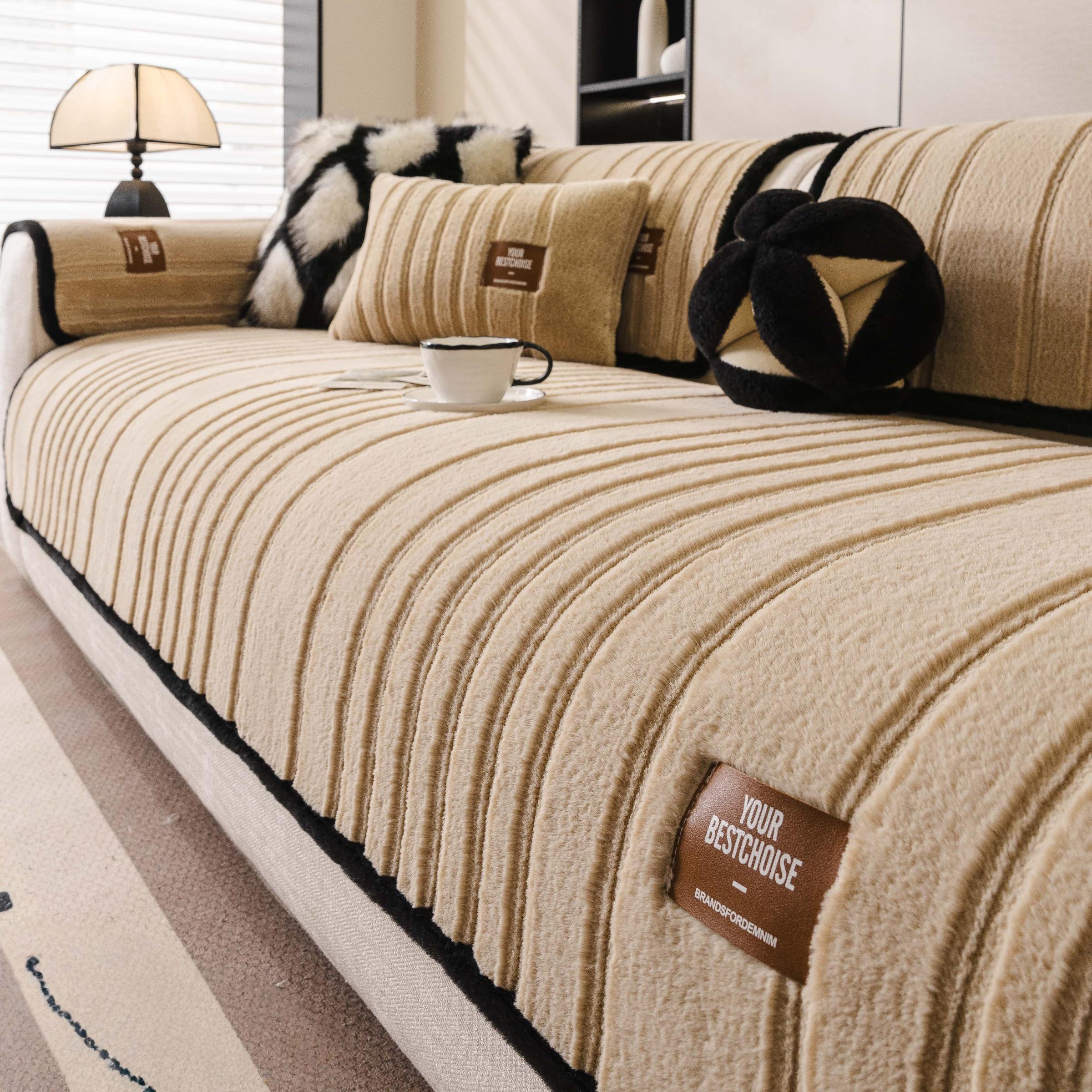 1PC Striped Plush Sofa Cover Pad, Thick Soft Non-Slip Couch Protector ...