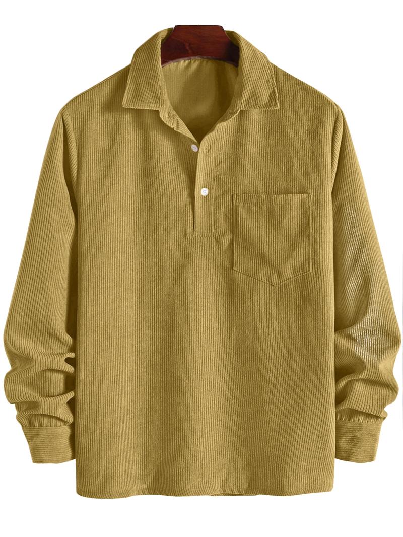 ZAFUL Men's Corduroy Shirts Solid Color Fall Half Button Long Sleeves Polo Shirt Casual Work Collared Shirt with Casual Outdoor Shirt