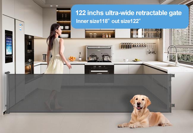 Retractable  pet Gate,Mesh Baby Gate or Mesh Dog Gate,33" Tall,Extends up to 55" 71"118"168"197"Wide,Child Safety Gate for Doorways, Stairs, Hallways, Indoor/Outdoor