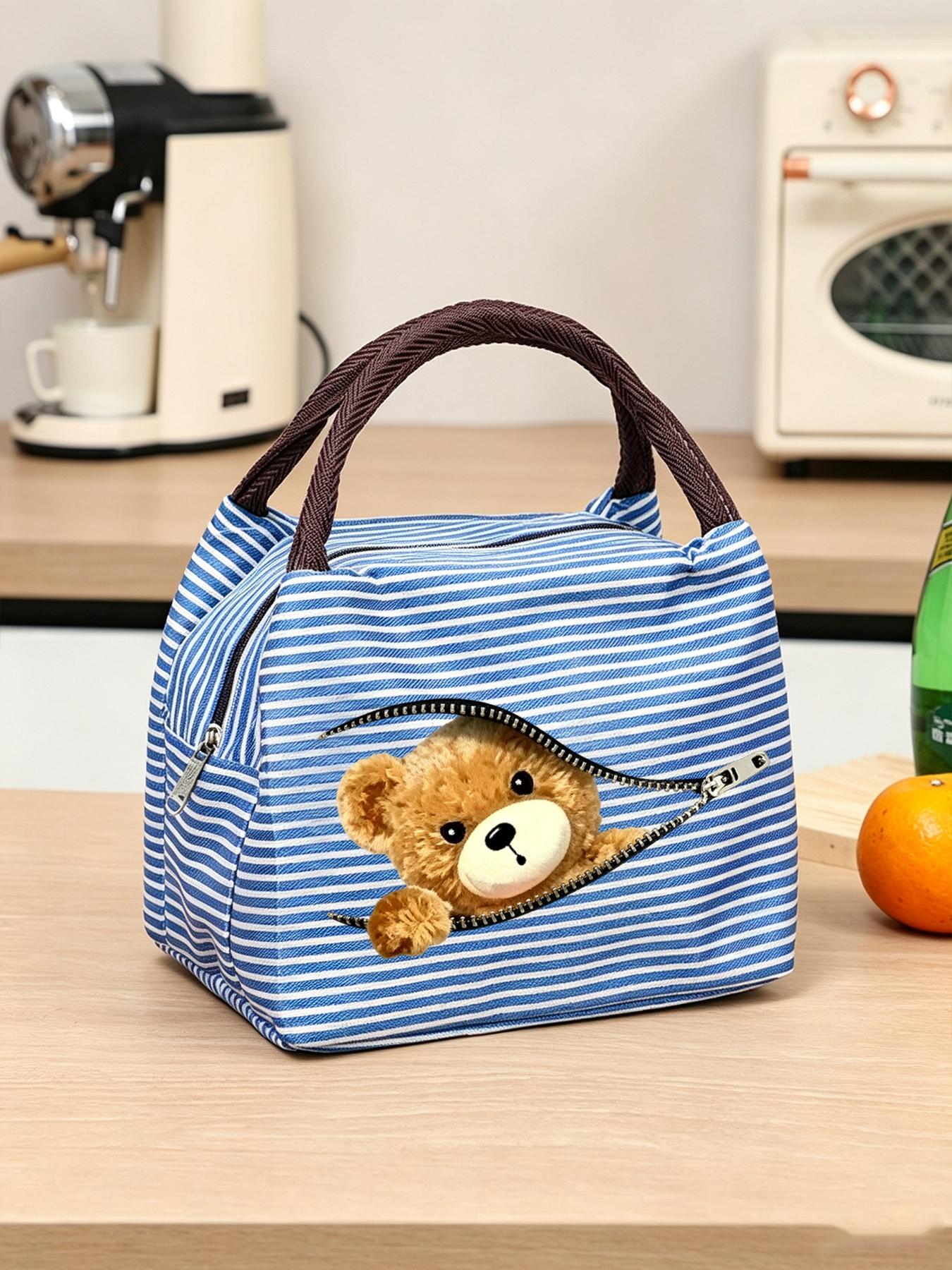 Creative Zipper Bear Lunch Bag, Insulated Meal Pouch, Thick Striped Handle, Large Capacity, Outdoor Picnic, Insulated Lunch Tote, Multiple Colors Available