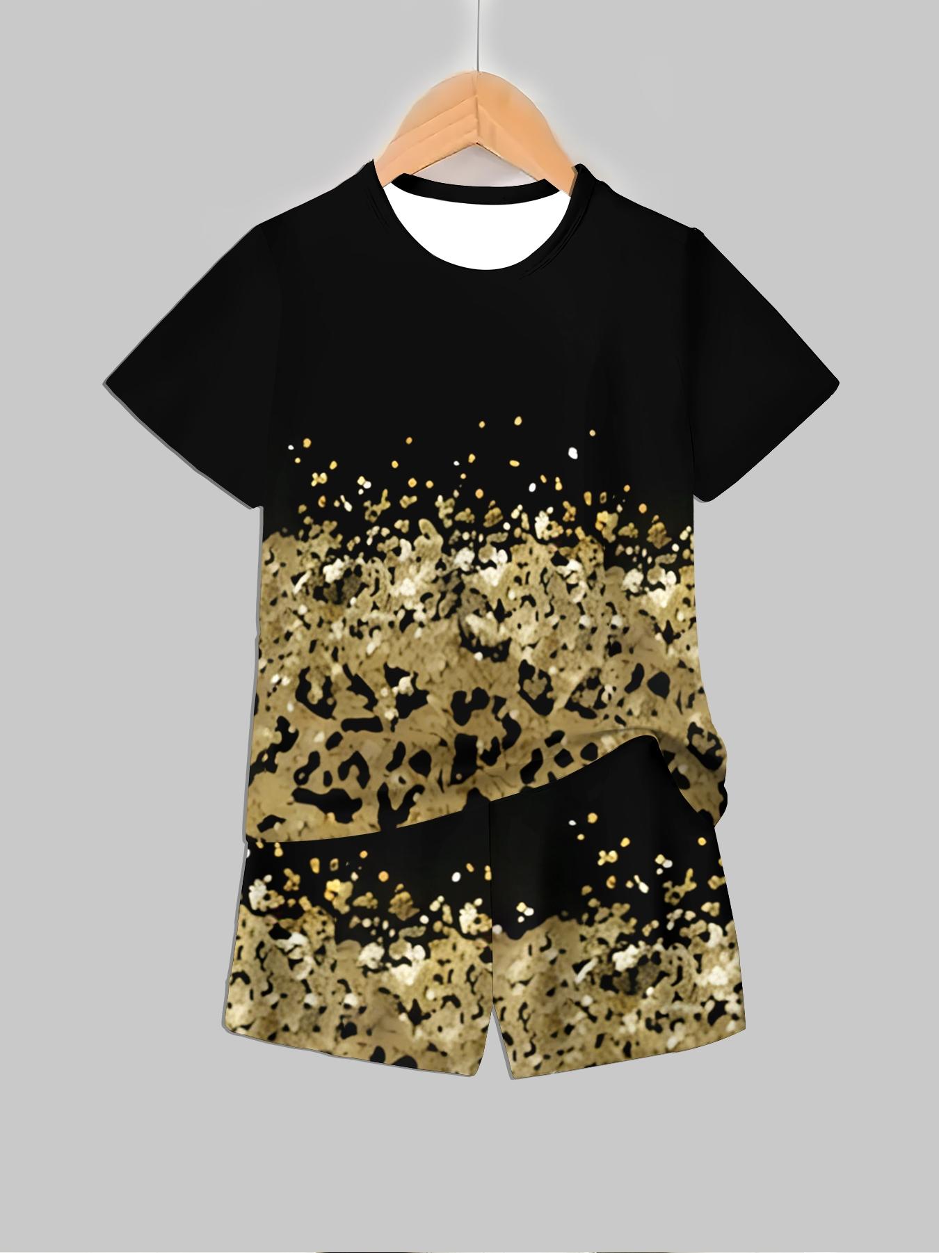 Kids Black & Gold Leopard Gradient Print Short Sleeve & Shorts Loungewear Set
