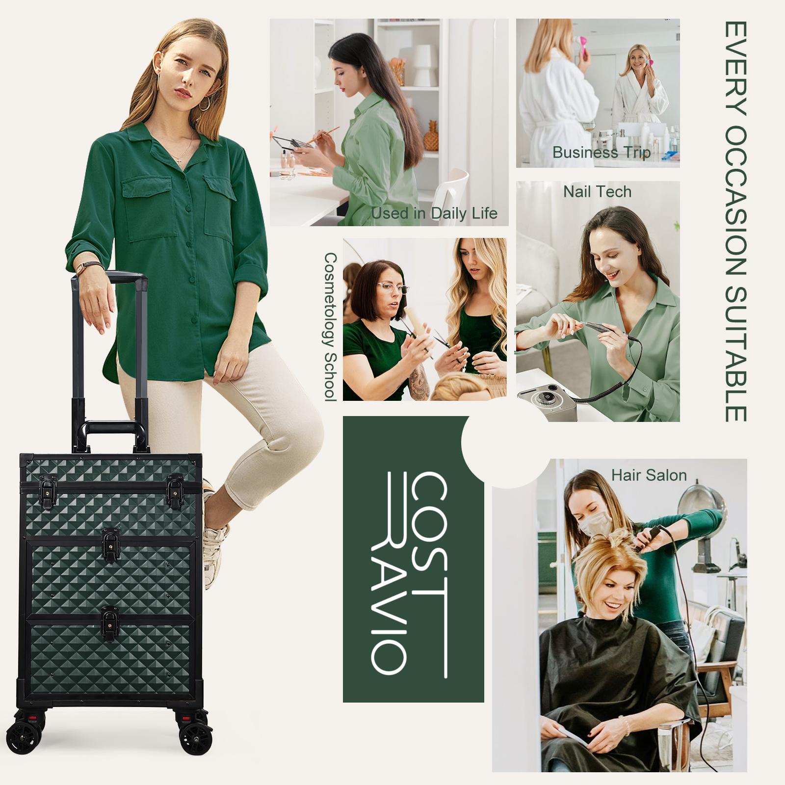 Joligrace Rolling Makeup Train Case Professional Cosmetic Trolley Nail Polish Organizer with 2 Large Drawers, Makeup Pouch for Artists Nail Technician Salon Cart Trunk Black