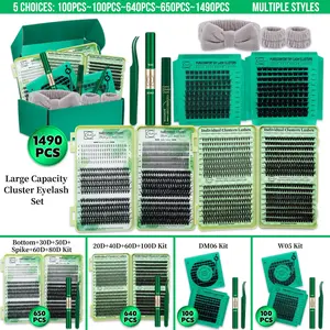 Lashsun 1490 PCS Cluster Eyelash Set D Curl 11 Styles Bottom/Spike/Wispy/Manga/Volume Lashes, Kit with Bond&Seal Lash Remover Tweezers Headband&Wristband, Perfect for Beginners&Proficient, DIY at Home Easily, Easy Apply for Makeup Daily