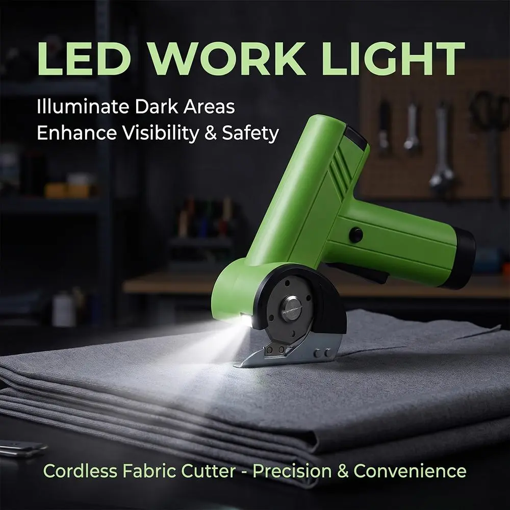 【Back To School】Green Rechargeable Cordless Electric Scissors Cardboard Cutting Tool, 4-Speed 320 RPM, 3000mAh Battery, LED Display, USB Cable, SKS Steel 2 Safety Blades, Cuts Cardboard, Leather/Fabric, Plastic