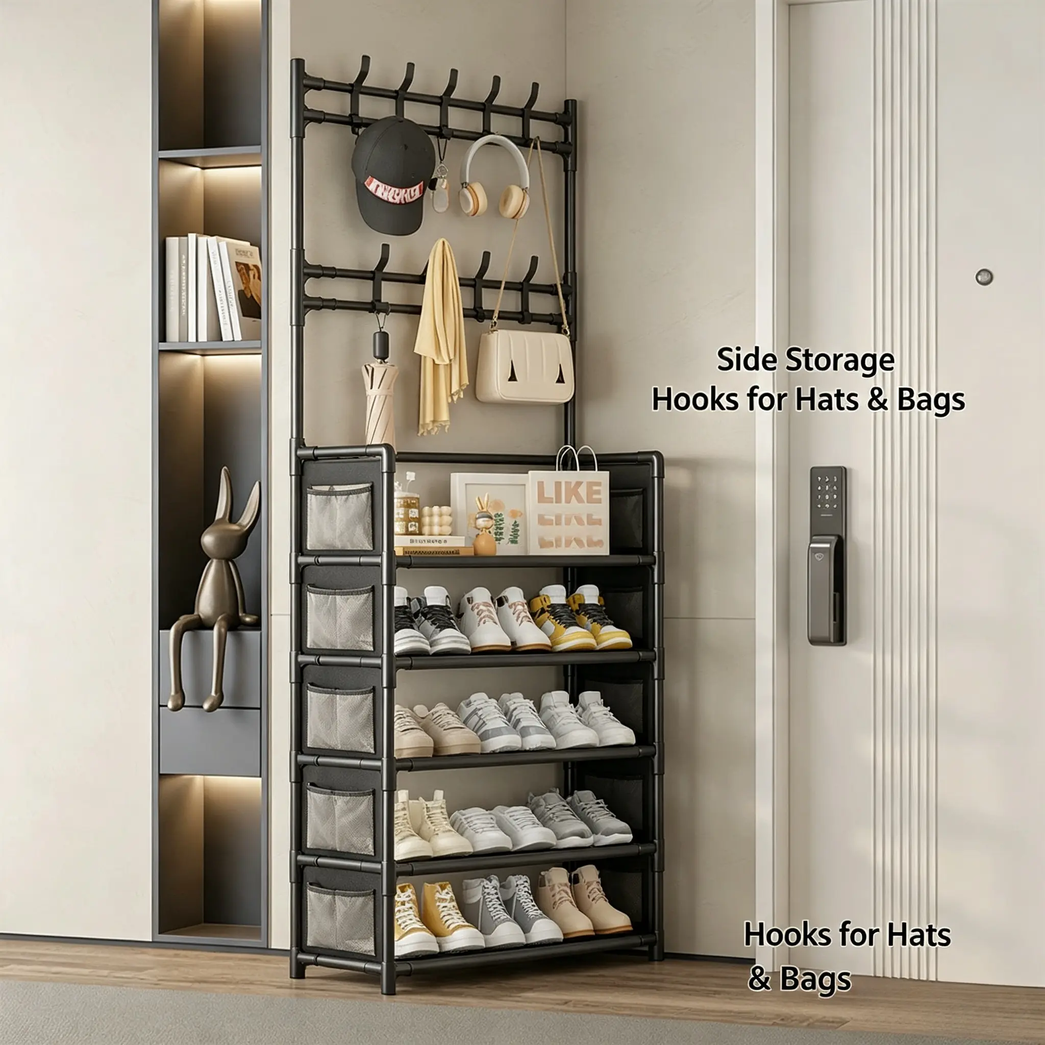 Wall-mounted wardrobe with floor-standing multi-functional clothes rack for home use, with door assembly and shoe rack at the entrance.