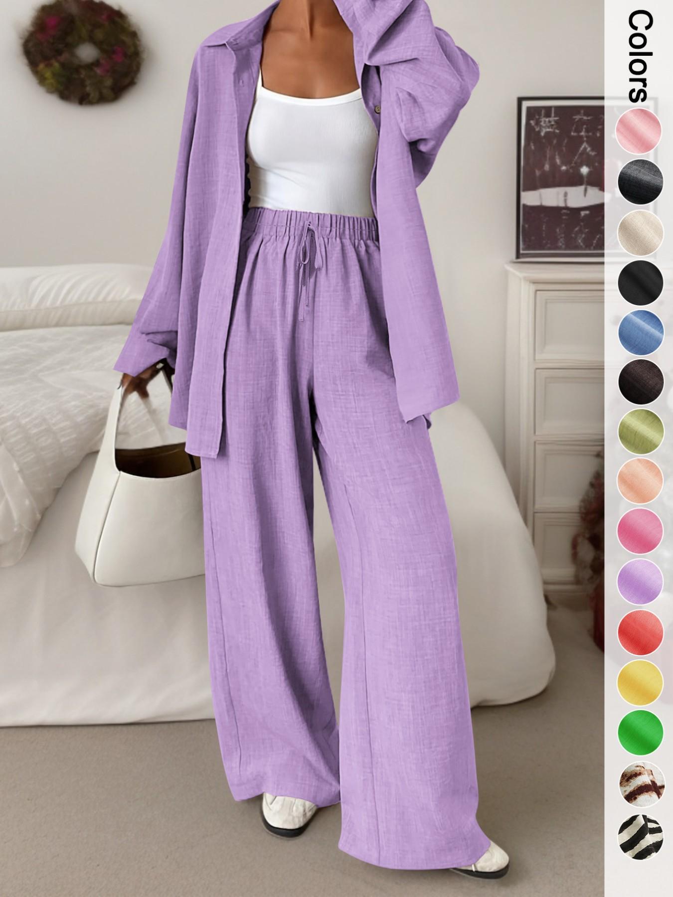 Women's Casual Sporty Shirt Long Pants Set, Loose Button-Up Top Wide Leg Pants Two-Piece Set, Comfortable and Stylish