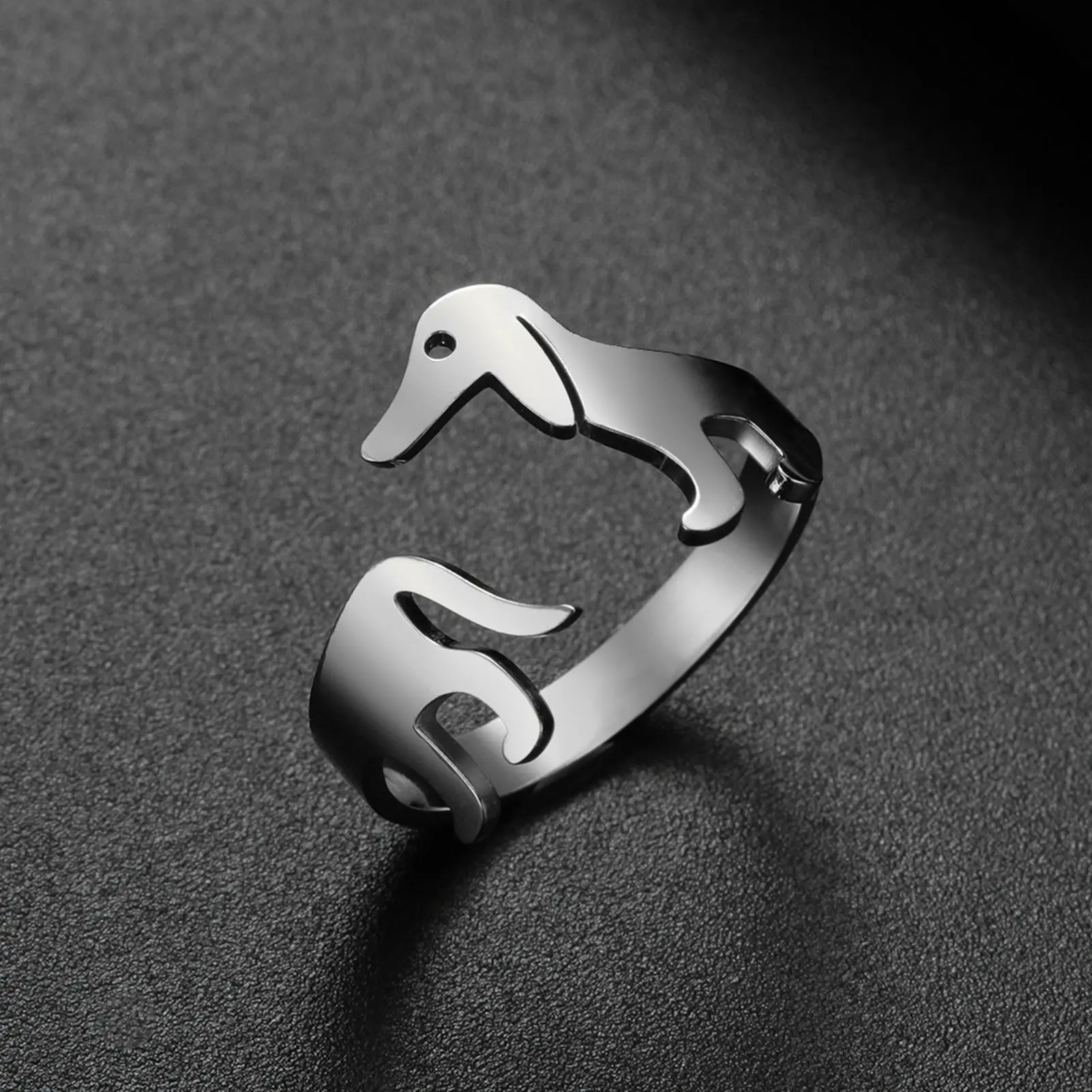 Cute Dachshund Dog Open Ring Women Stainless Steel Sausage Dog Pet Adjustable Rings Jewelry Animal for Lover Gifts