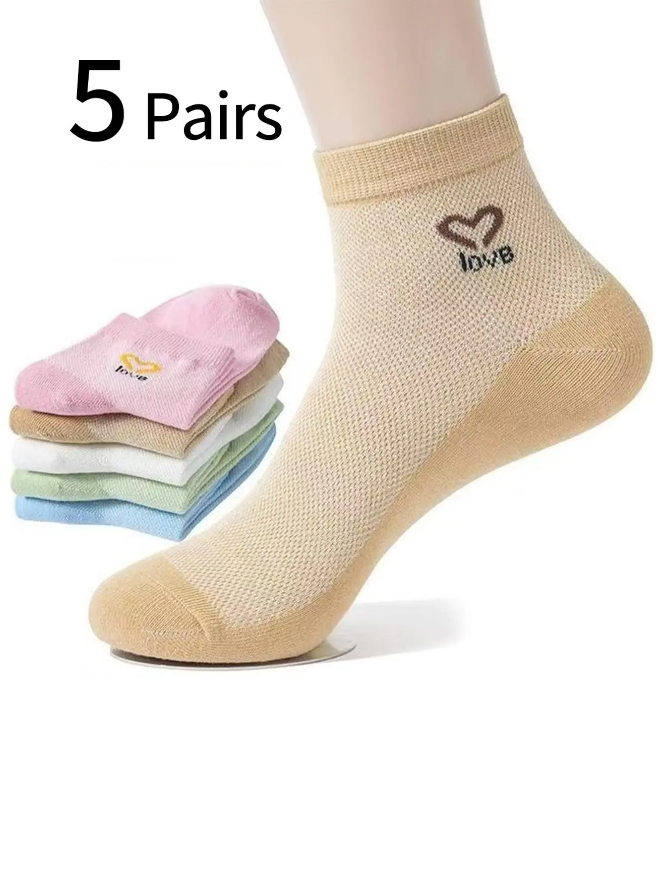 5 Pairs Candy Color Women's Summer Mid-Calf Socks, Thin Odor-Resistant Sweat-Absorbent Breathable Mesh Socks, Heart Letter Print Trendy Socks