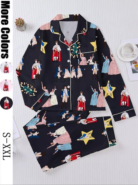 Hamilton Musical Print Women's Pajama Set, Long Sleeve Shirt Collar Button Soft Top & Elastic Pants, Casual Home Wear