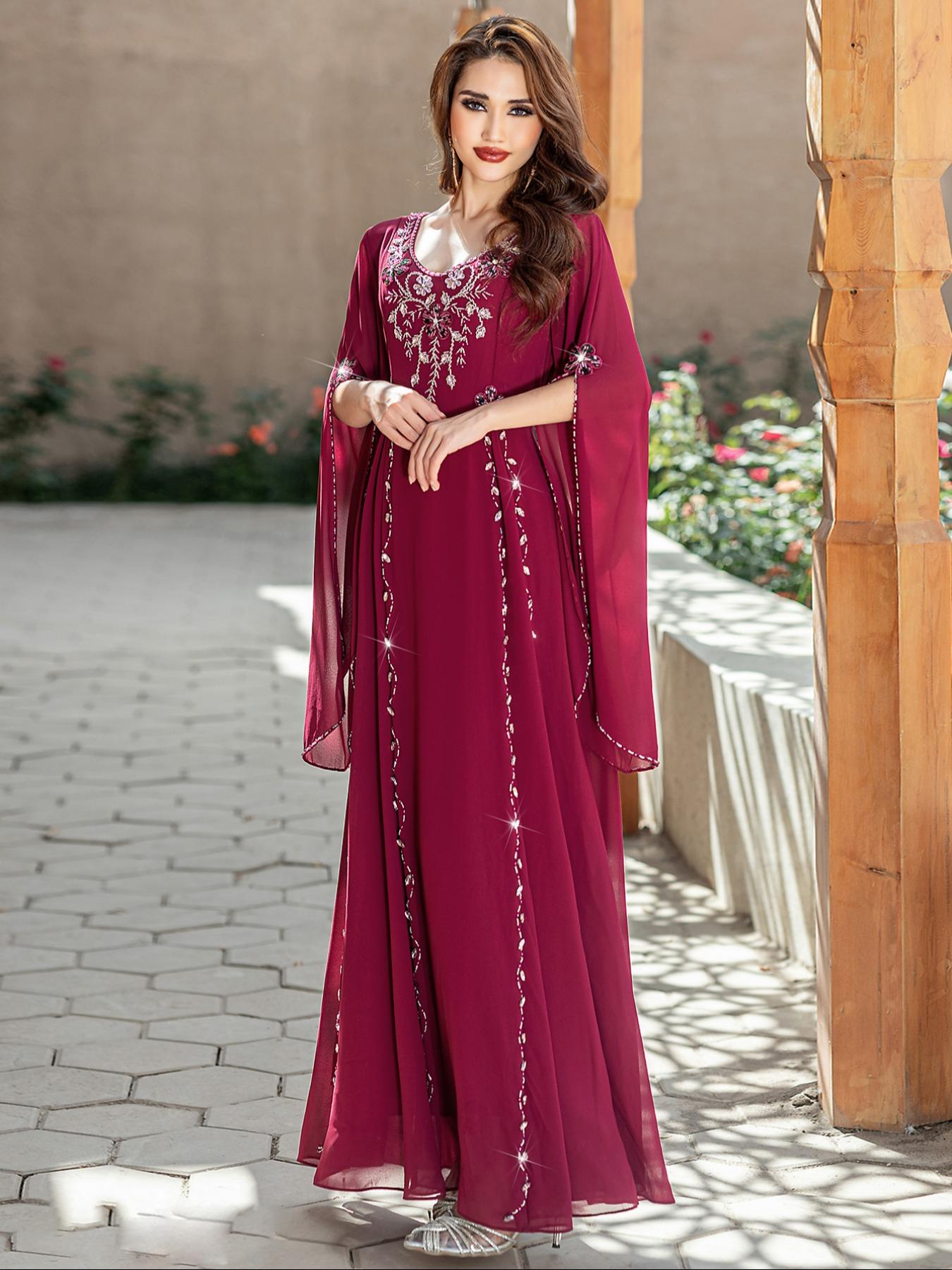 Women's Casual Dress with Rhinestone Beaded Applique, High-End Handmade Embroidery, Long Sleeve Design, Perfect for Daily Wear