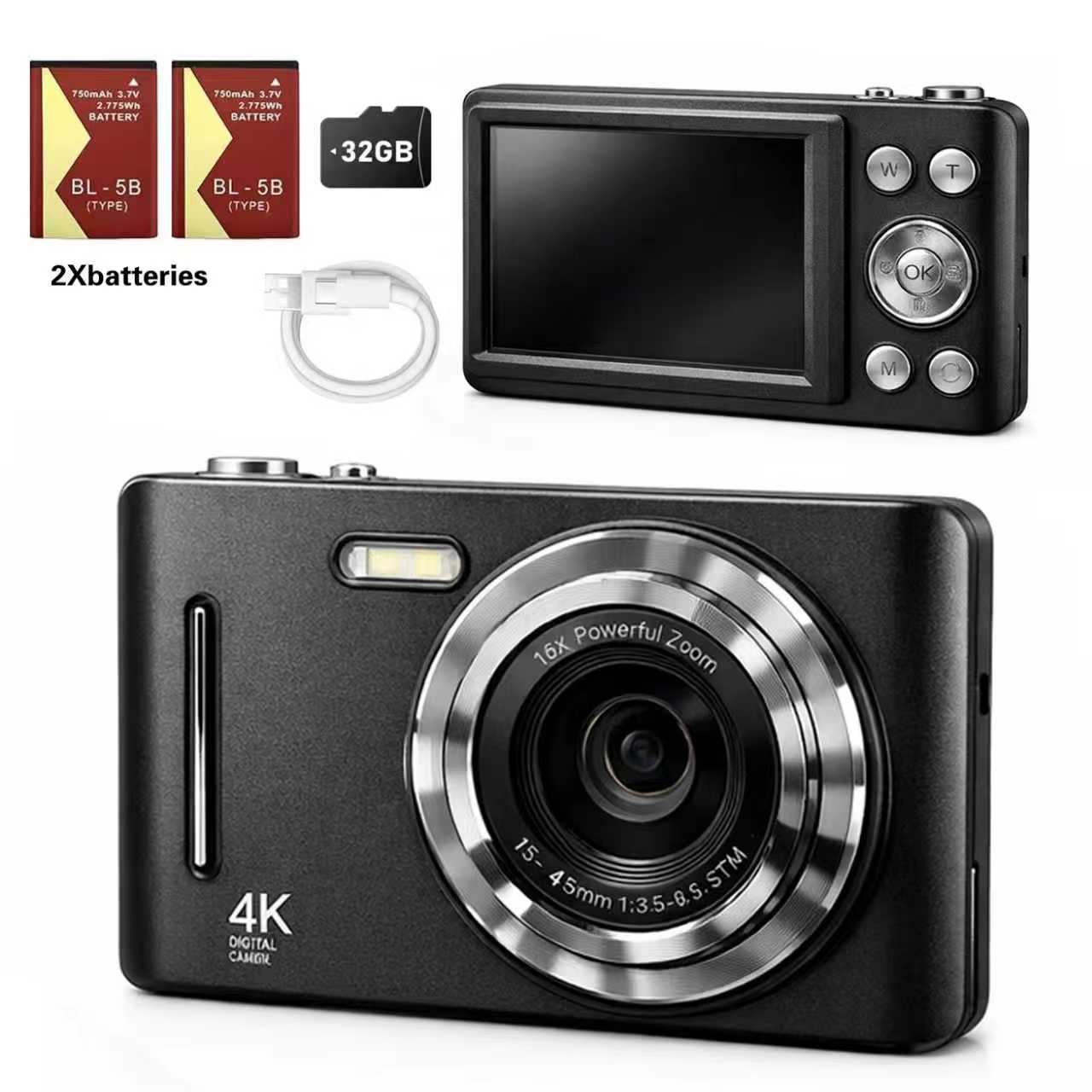 Digital Video Camera for Travel, Outdoor Photography, 1080P Lens, Auto Focus, Image Stabilization, 16x Zoom, 32GB Card, Dual Batteries