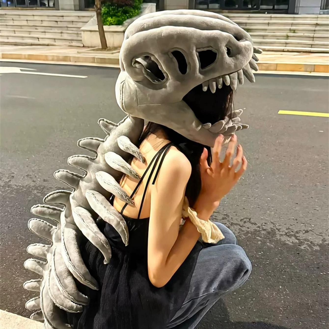 Halloween Dinosaur Skeleton Costume Headpiece, Animal Head Mask, Funny Role Play Plush Toy, Creative Prank Gift for Girlfriend, Kids, Family & Friends
