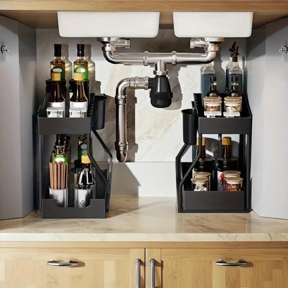 2 Layer Pull Out Storage Rack, Large Capacity Adjustable Dividers Drawer Organizer, Kitchen and Bathroom Storage Rack, Double Tiers Cutlery Holder, Drawer Dresser Organizer, Kitchen Sink Rack, Bathroom Organization