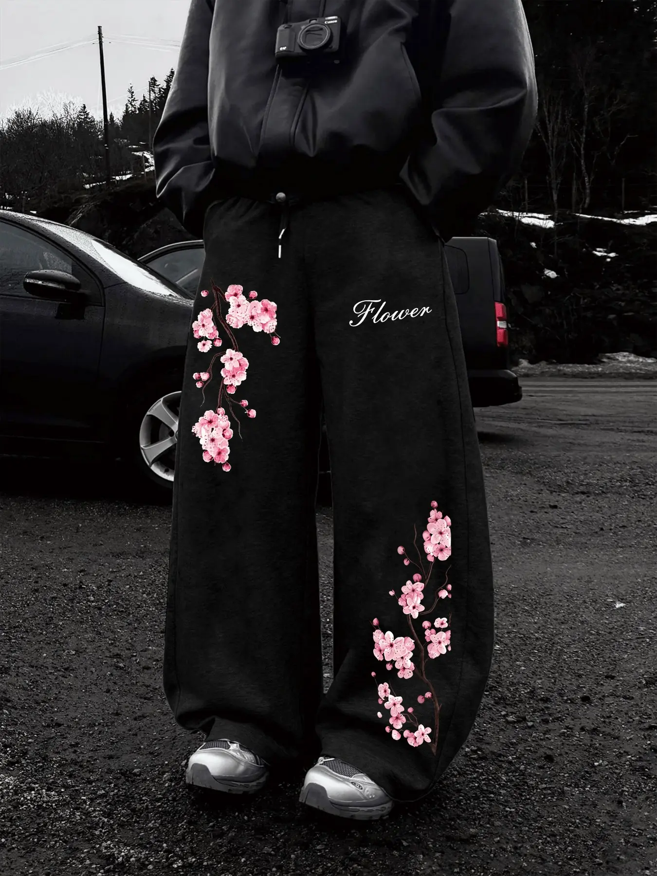 Men's Wide-Leg Trousers with Cherry Blossom Branch Floral Prints, Flower Script, Elastic Drawstring Waist for Streetwear
