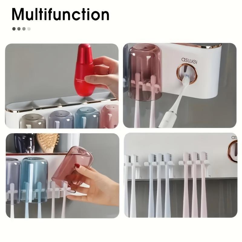 1 Wall-mounted Toothbrush Holder Set with Mouthwash Cup, No Need to Punch Holes, Automatic Toothpaste Dispenser, Wall-mounted Toothbrush Storage Rack, Bathroom Accessories, Plastic for Toothbrush, Toothpaste Tube and Mouthwash Cup