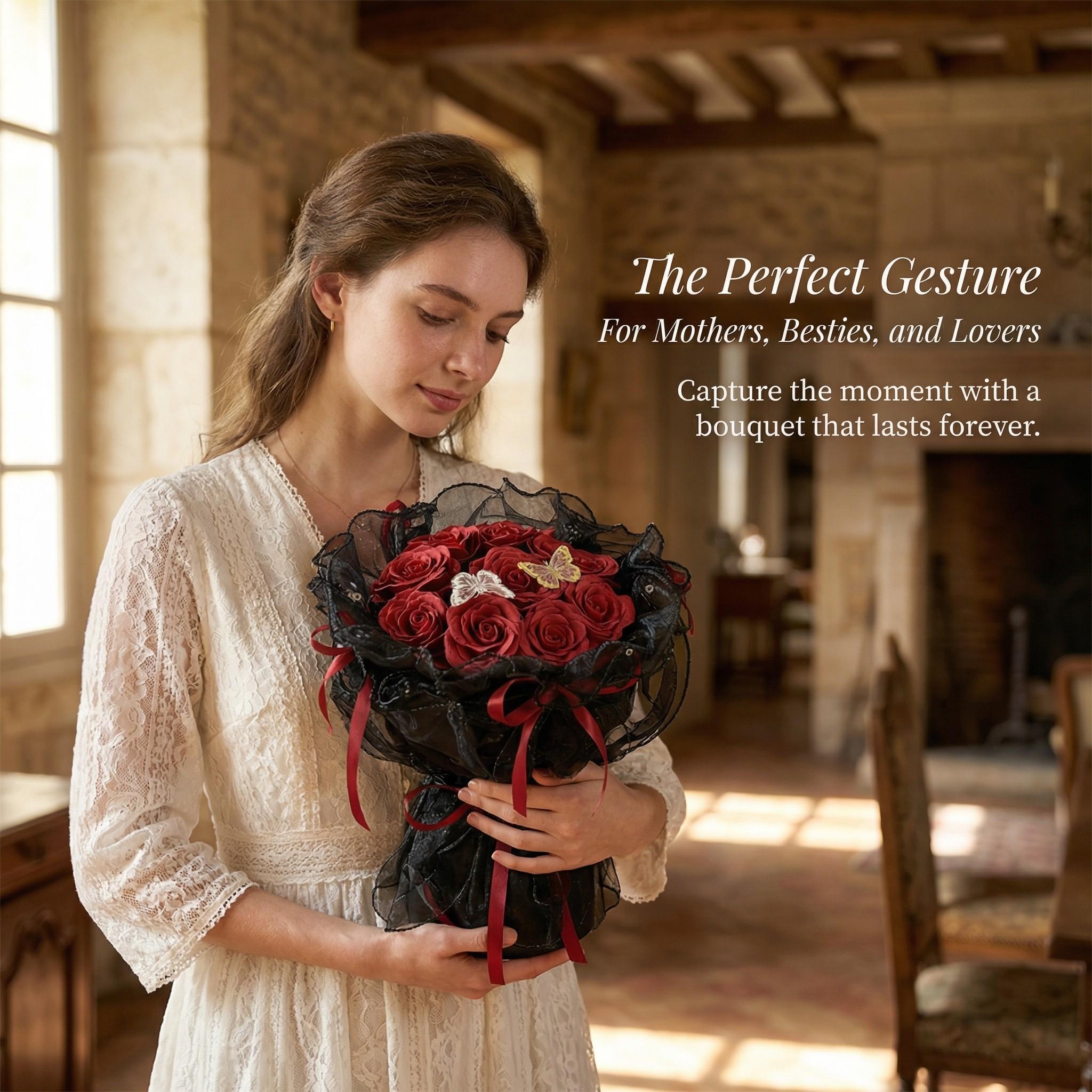 Ballet Butterfly Ribbon Rose Artificial Bouquet in Cylinder Gift Box, Perfect Mother's Day Gift, Ideal for Valentine's Day, Graduation, Birthday & Wedding