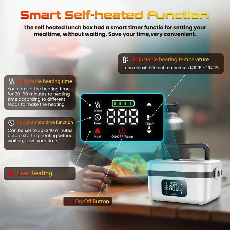 Adult Wireless Electric Heating Lunch Box, 8000mAh Rechargeable Timer Automatic Heating Lunch Box, 1L Portable Self-Heating Food Warmer With Fork And Spoon And Insulated Carrying Bag, Suitable For Office, Picnic, Car And Travel Outdoor Use